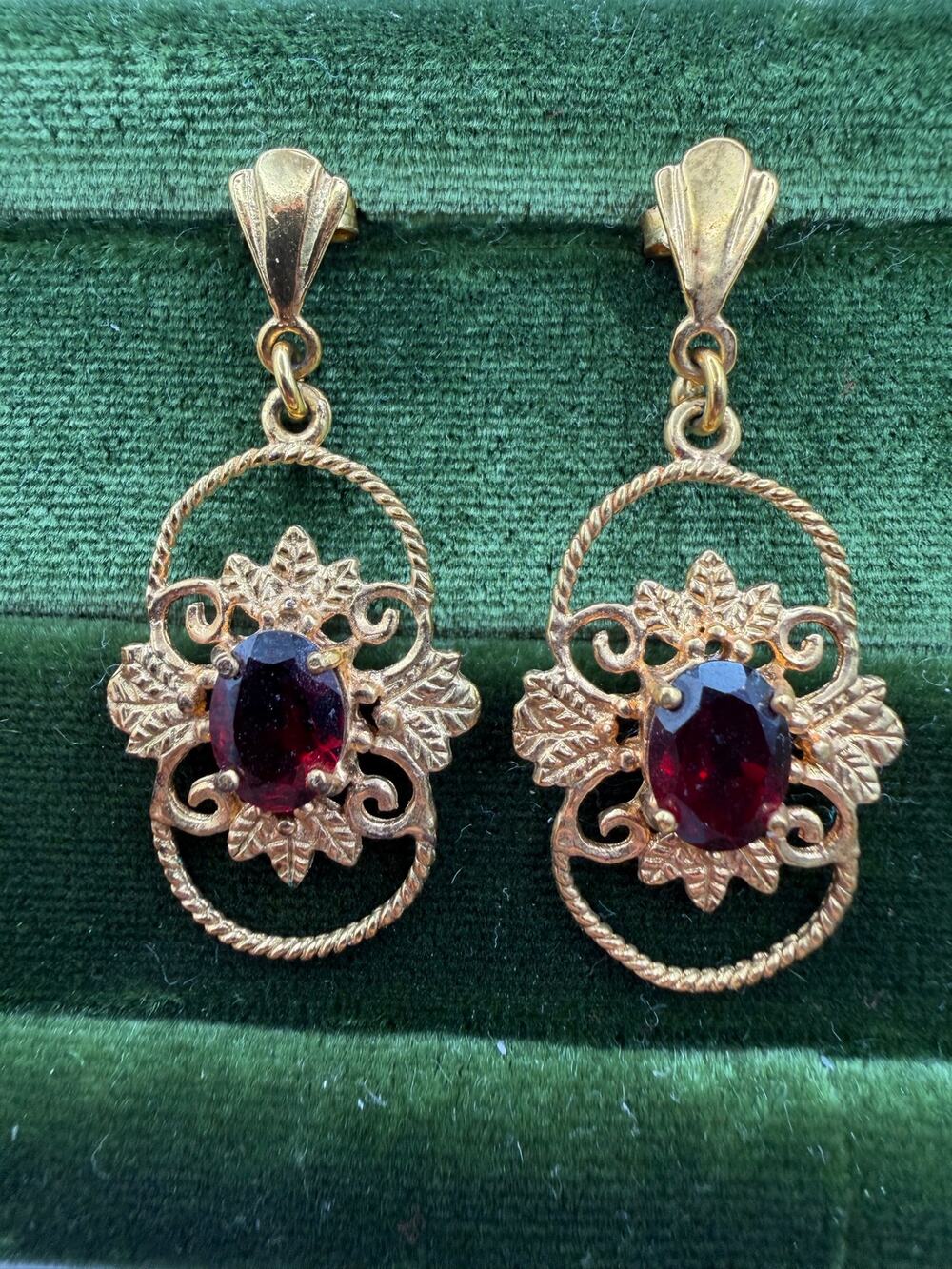 gold vermeil 925 sterling silver earrings garnet gemstones vintage filigree fram